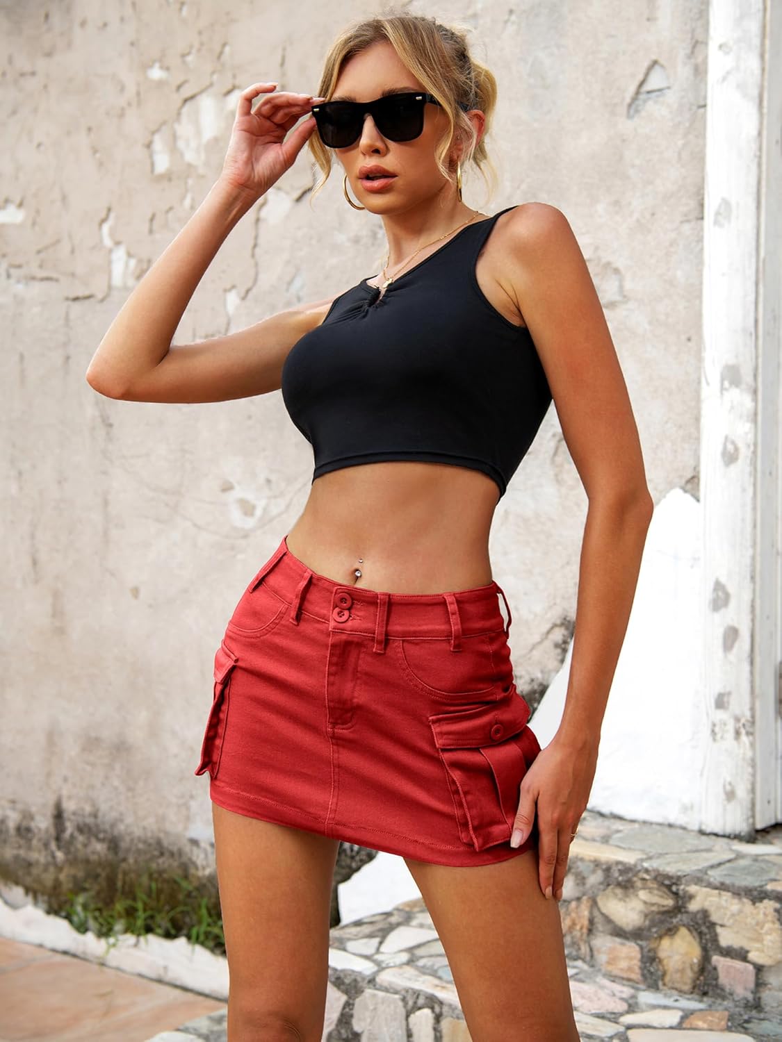 High Stretchy Cargo Skirt for Women, Low Waist Mini Skirt Cute Denim Skirt with Pockets