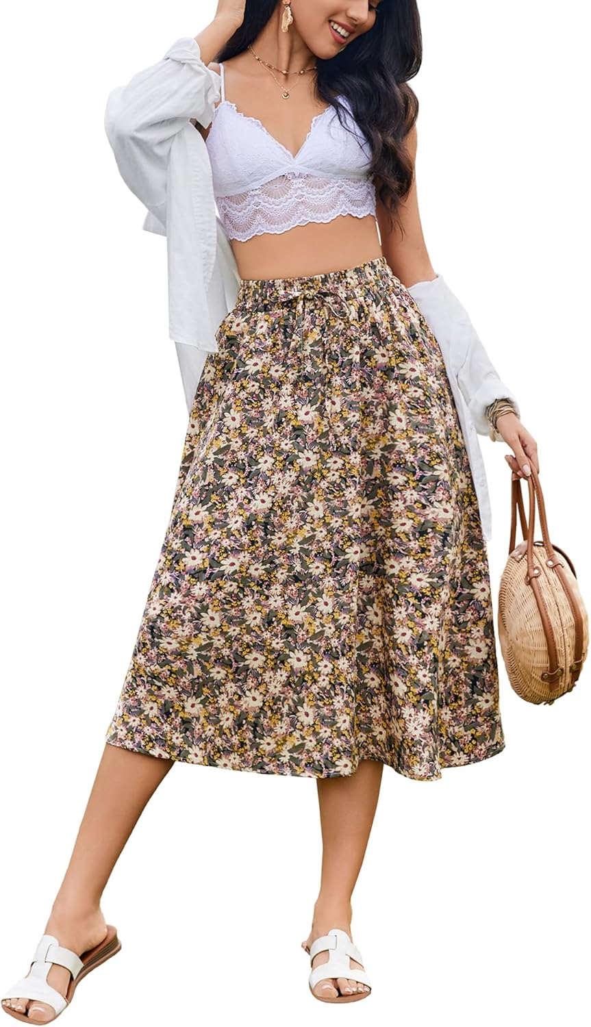 Women Floral Print Midi Skirt Summer Beach Pleated Elastic High Waisted A Line Skirt