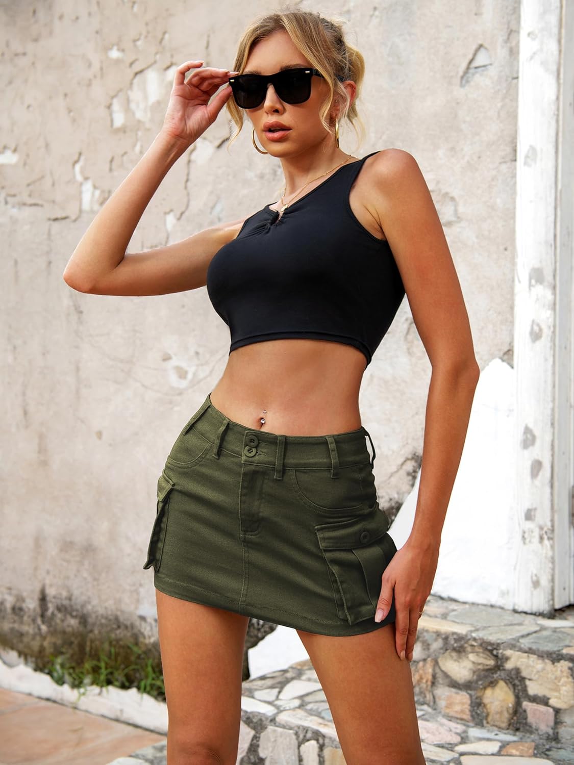 High Stretchy Cargo Skirt for Women, Low Waist Mini Skirt Cute Denim Skirt with Pockets