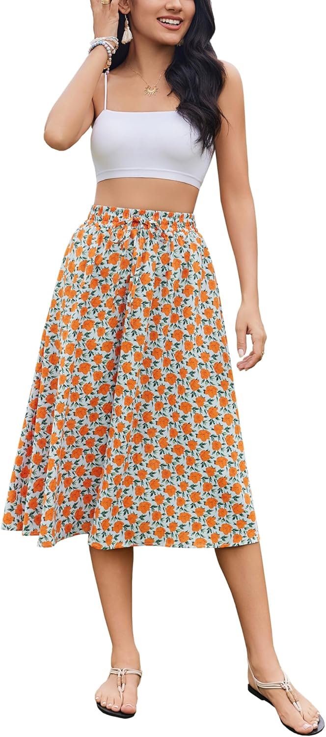 Women Floral Print Midi Skirt Summer Beach Pleated Elastic High Waisted A Line Skirt