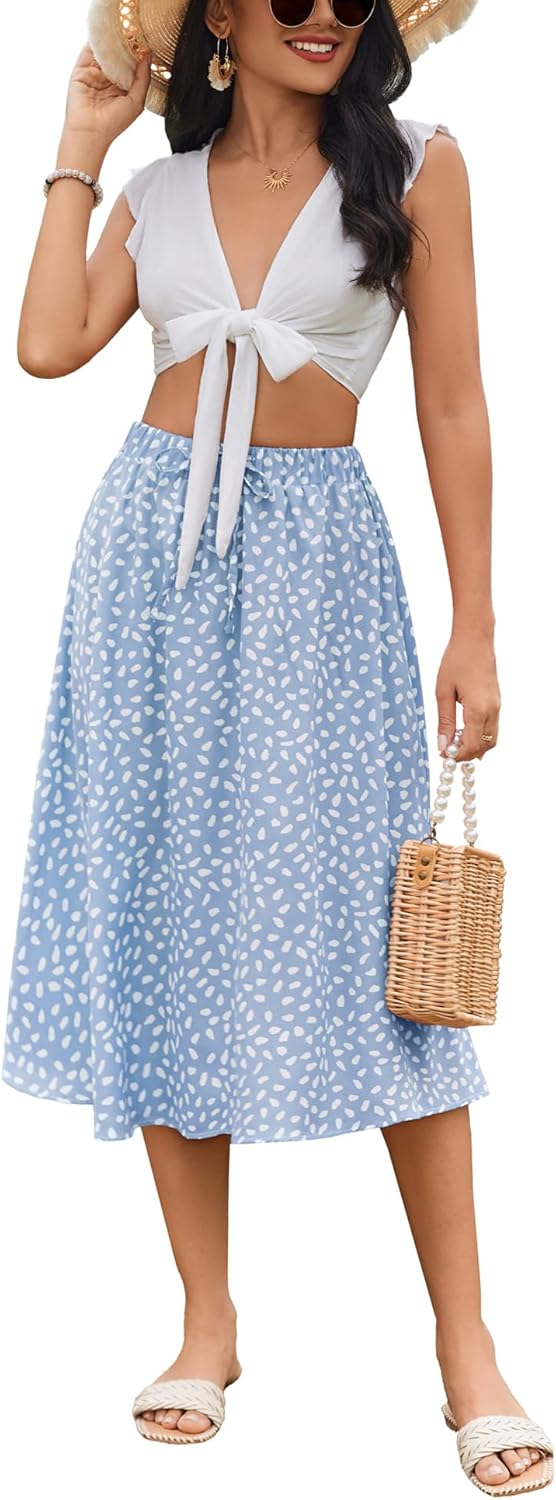 Women Floral Print Midi Skirt Summer Beach Pleated Elastic High Waisted A Line Skirt