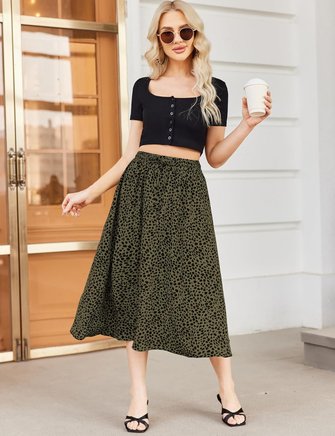 Women Floral Print Midi Skirt Summer Beach Pleated Elastic High Waisted A Line Skirt