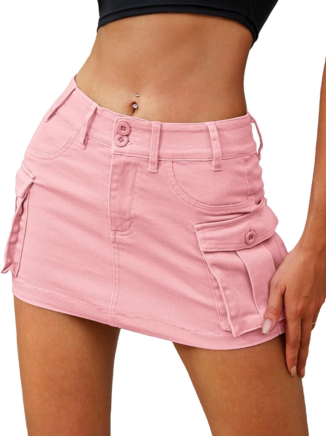 High Stretchy Cargo Skirt for Women, Low Waist Mini Skirt Cute Denim Skirt with Pockets