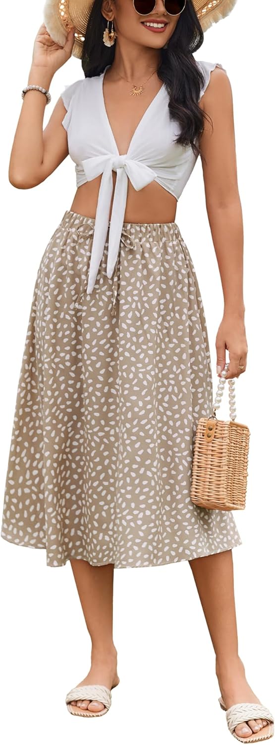 Women Floral Print Midi Skirt Summer Beach Pleated Elastic High Waisted A Line Skirt