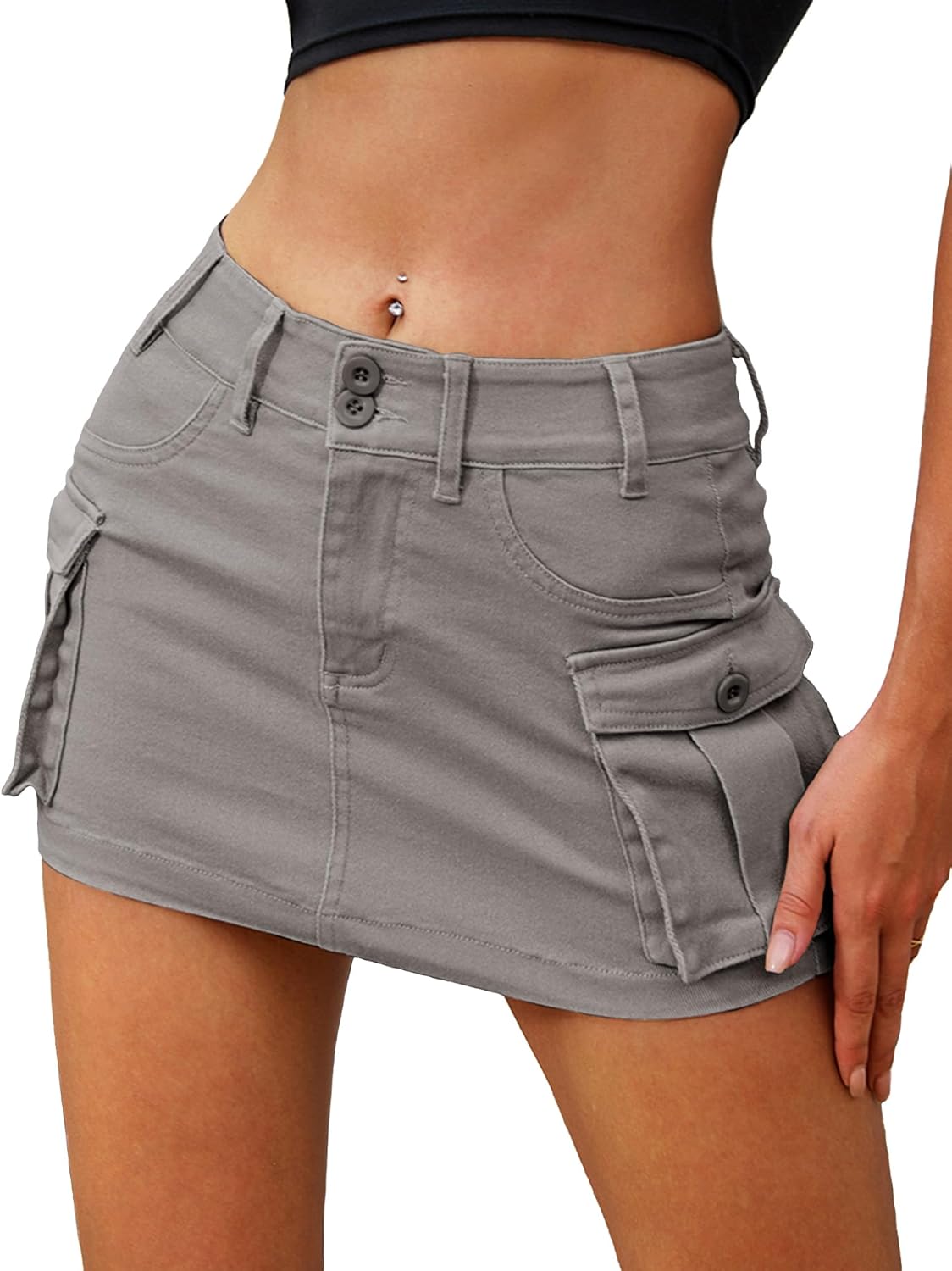High Stretchy Cargo Skirt for Women, Low Waist Mini Skirt Cute Denim Skirt with Pockets