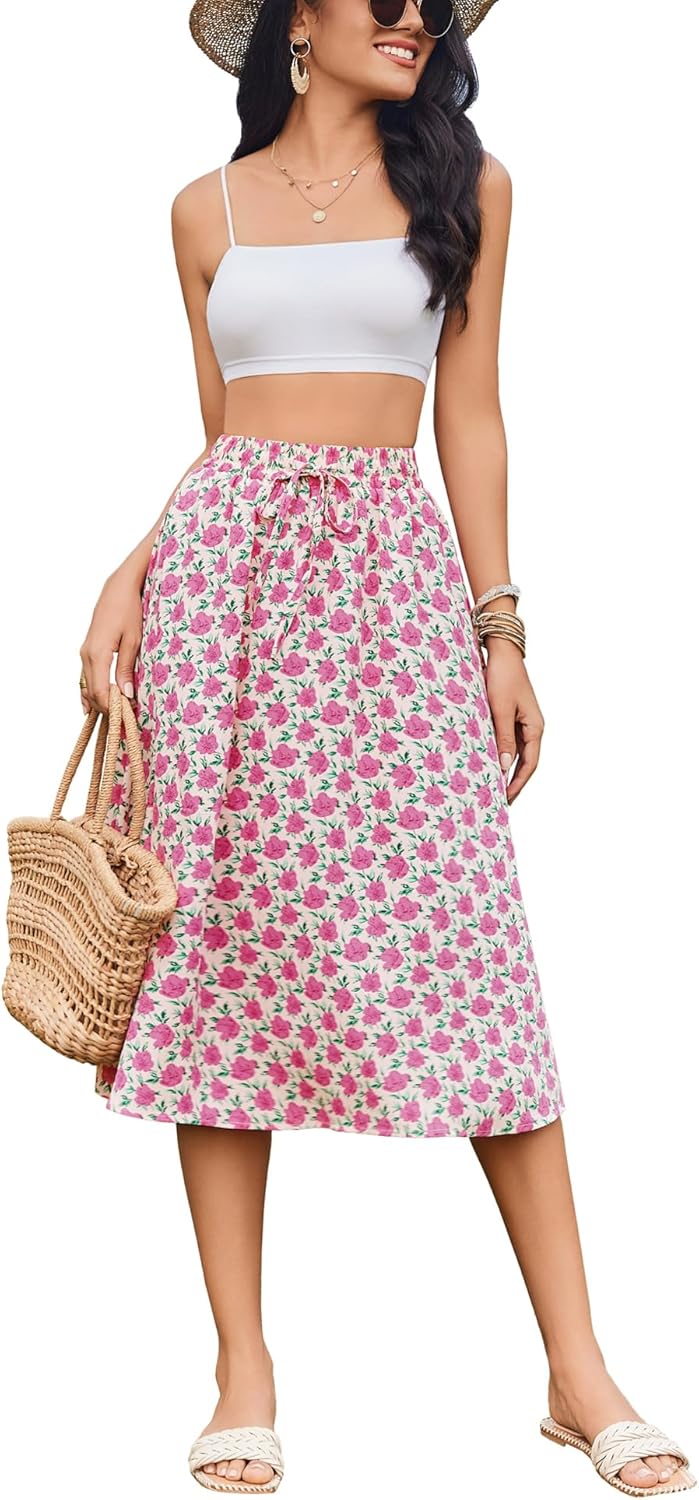 Women Floral Print Midi Skirt Summer Beach Pleated Elastic High Waisted A Line Skirt