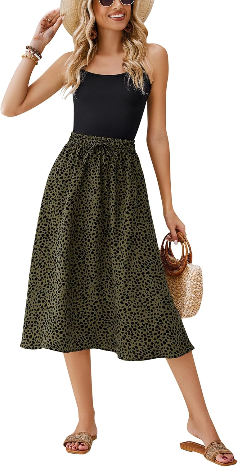 Women Floral Print Midi Skirt Summer Beach Pleated Elastic High Waisted A Line Skirt