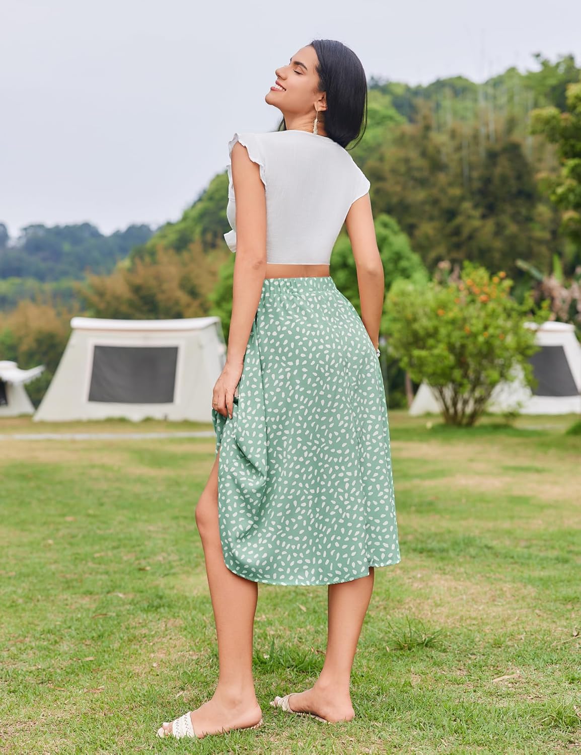 Women Floral Print Midi Skirt Summer Beach Pleated Elastic High Waisted A Line Skirt