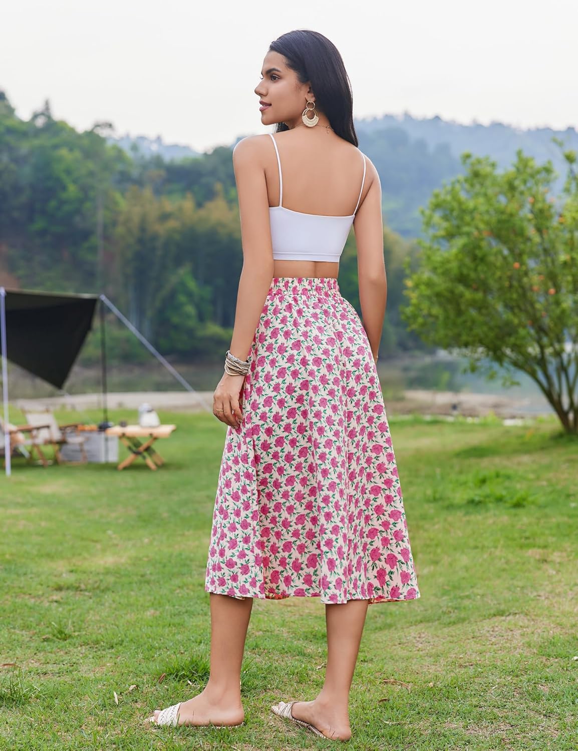 Women Floral Print Midi Skirt Summer Beach Pleated Elastic High Waisted A Line Skirt