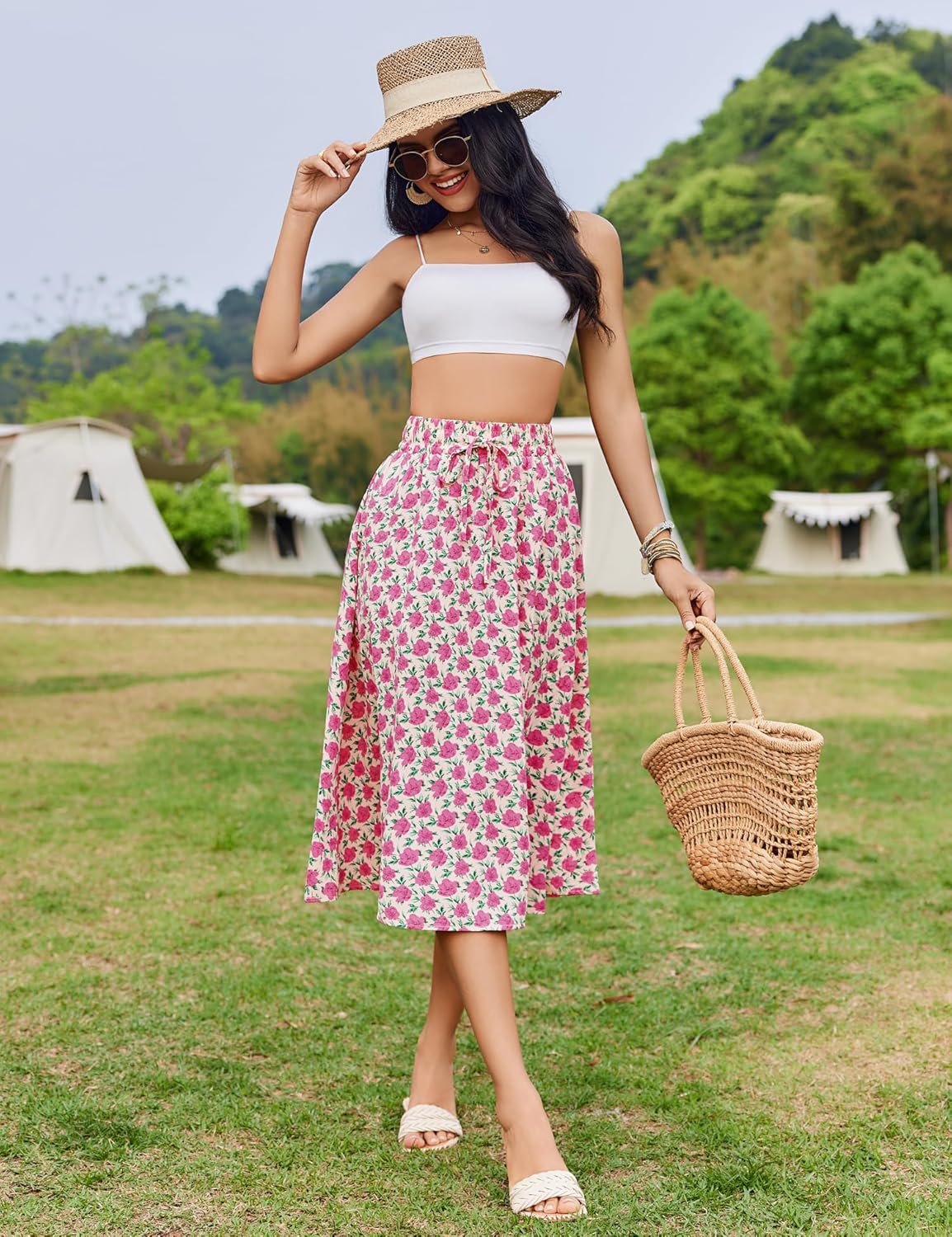 Women Floral Print Midi Skirt Summer Beach Pleated Elastic High Waisted A Line Skirt