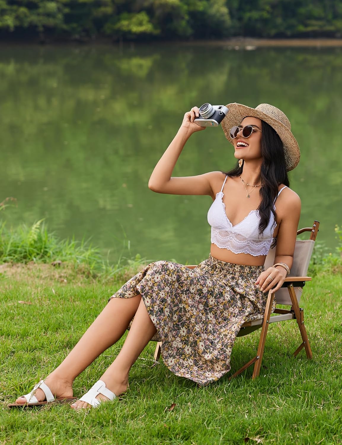 Women Floral Print Midi Skirt Summer Beach Pleated Elastic High Waisted A Line Skirt