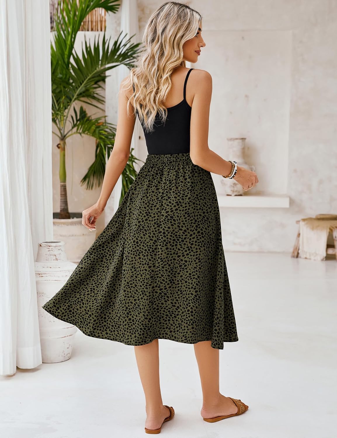 Women Floral Print Midi Skirt Summer Beach Pleated Elastic High Waisted A Line Skirt