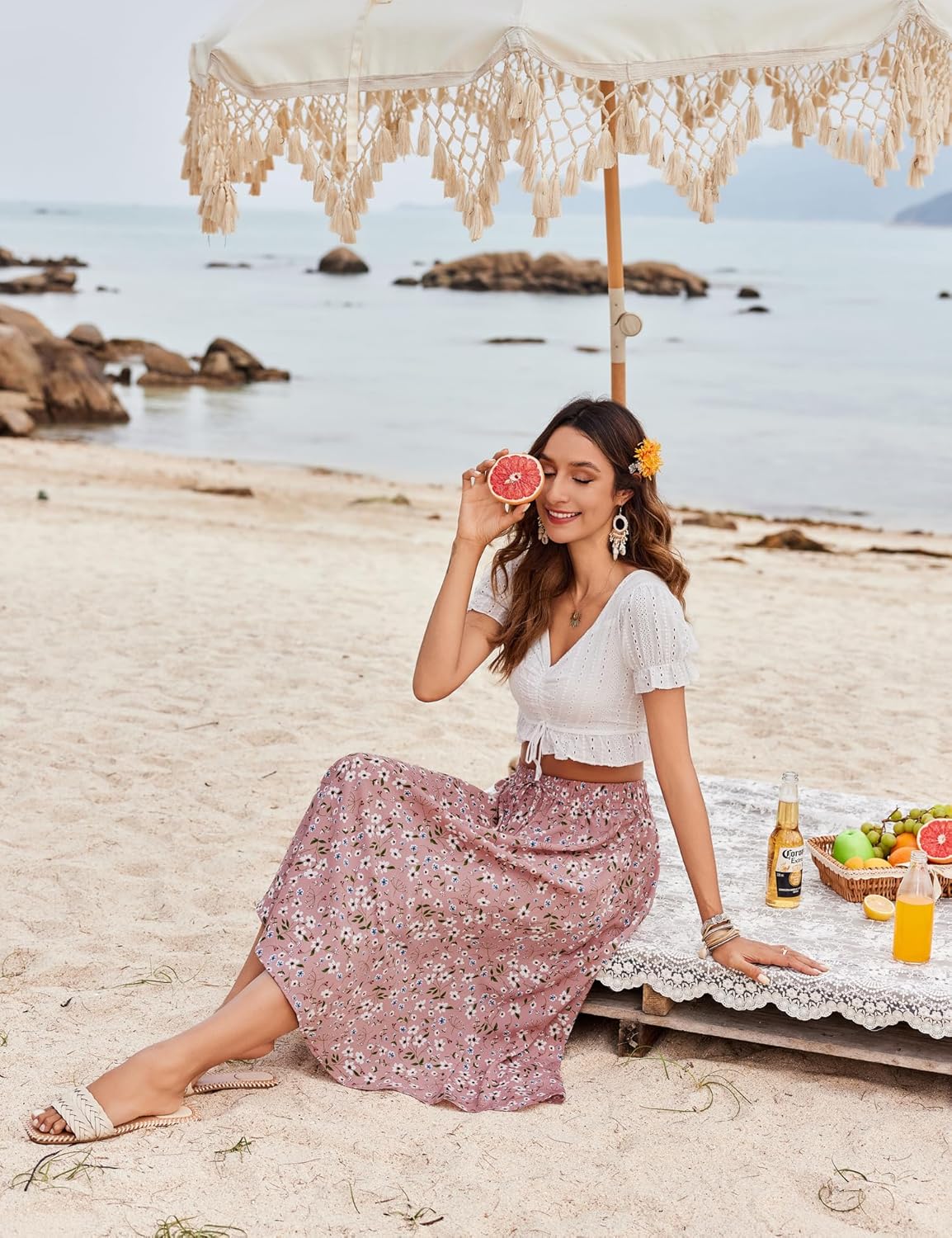 Women Floral Print Midi Skirt Summer Beach Pleated Elastic High Waisted A Line Skirt