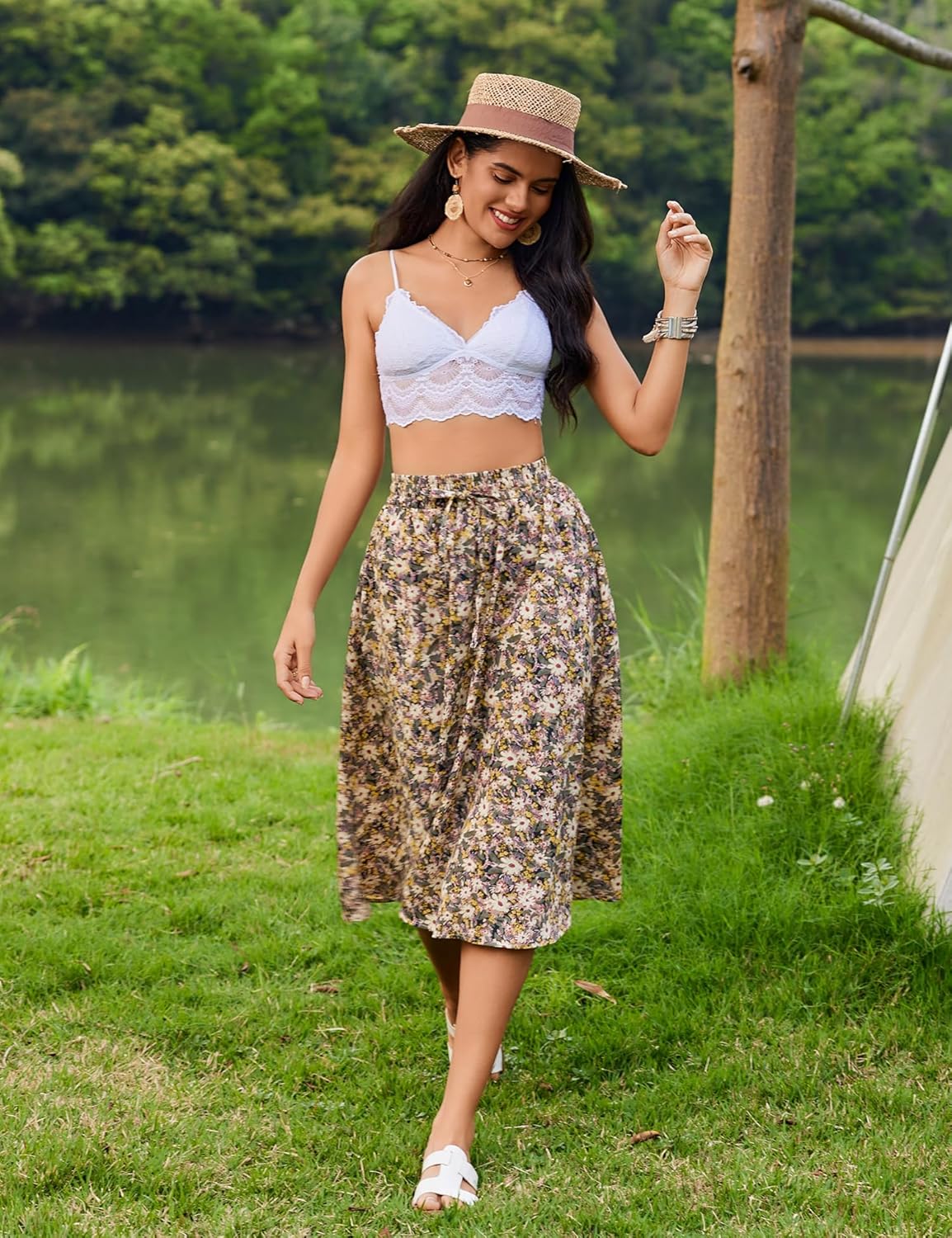 Women Floral Print Midi Skirt Summer Beach Pleated Elastic High Waisted A Line Skirt