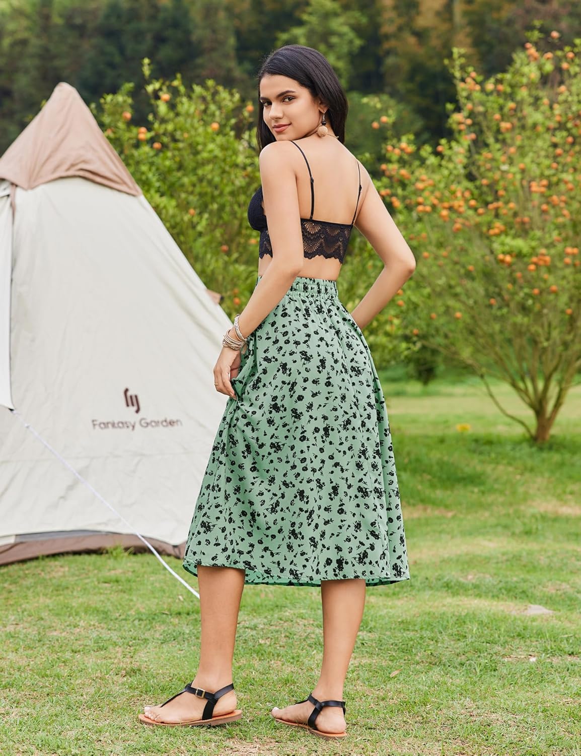 Women Floral Print Midi Skirt Summer Beach Pleated Elastic High Waisted A Line Skirt