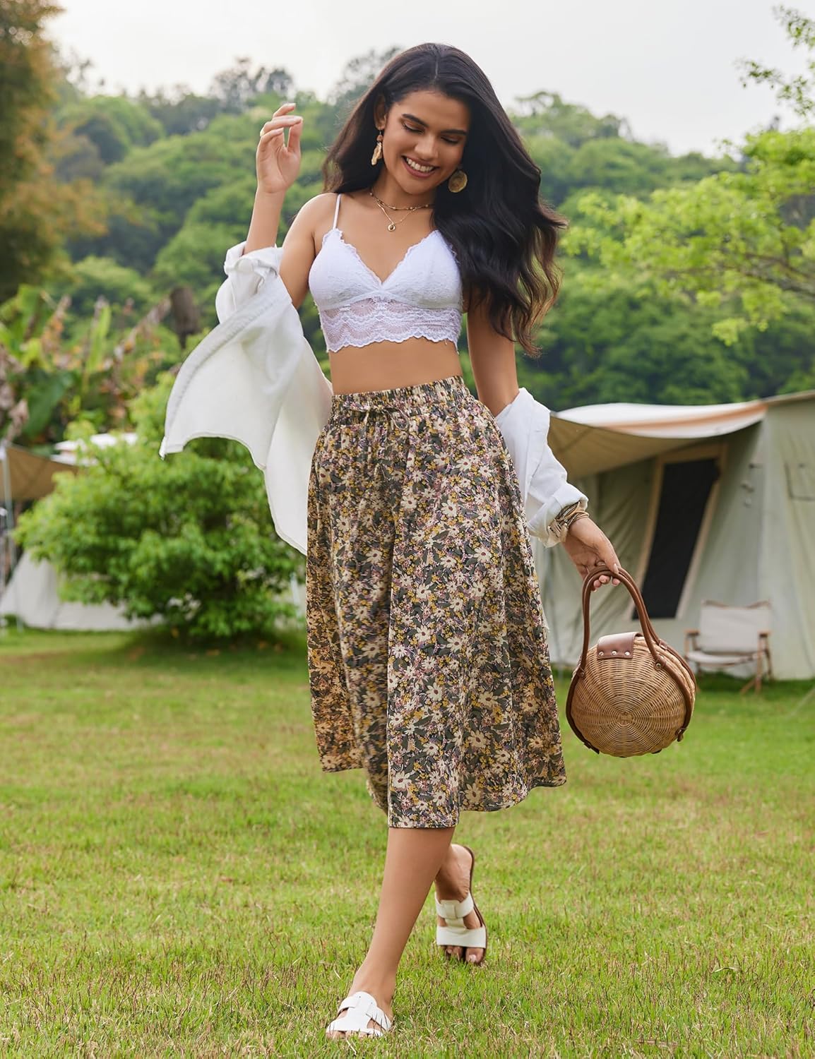 Women Floral Print Midi Skirt Summer Beach Pleated Elastic High Waisted A Line Skirt