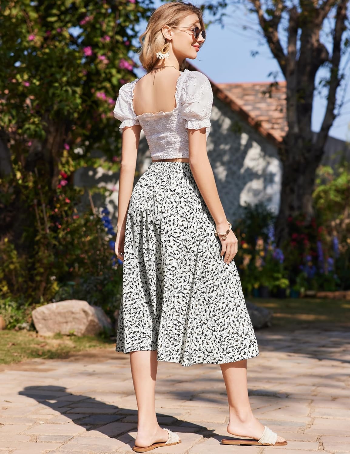 Women Floral Print Midi Skirt Summer Beach Pleated Elastic High Waisted A Line Skirt