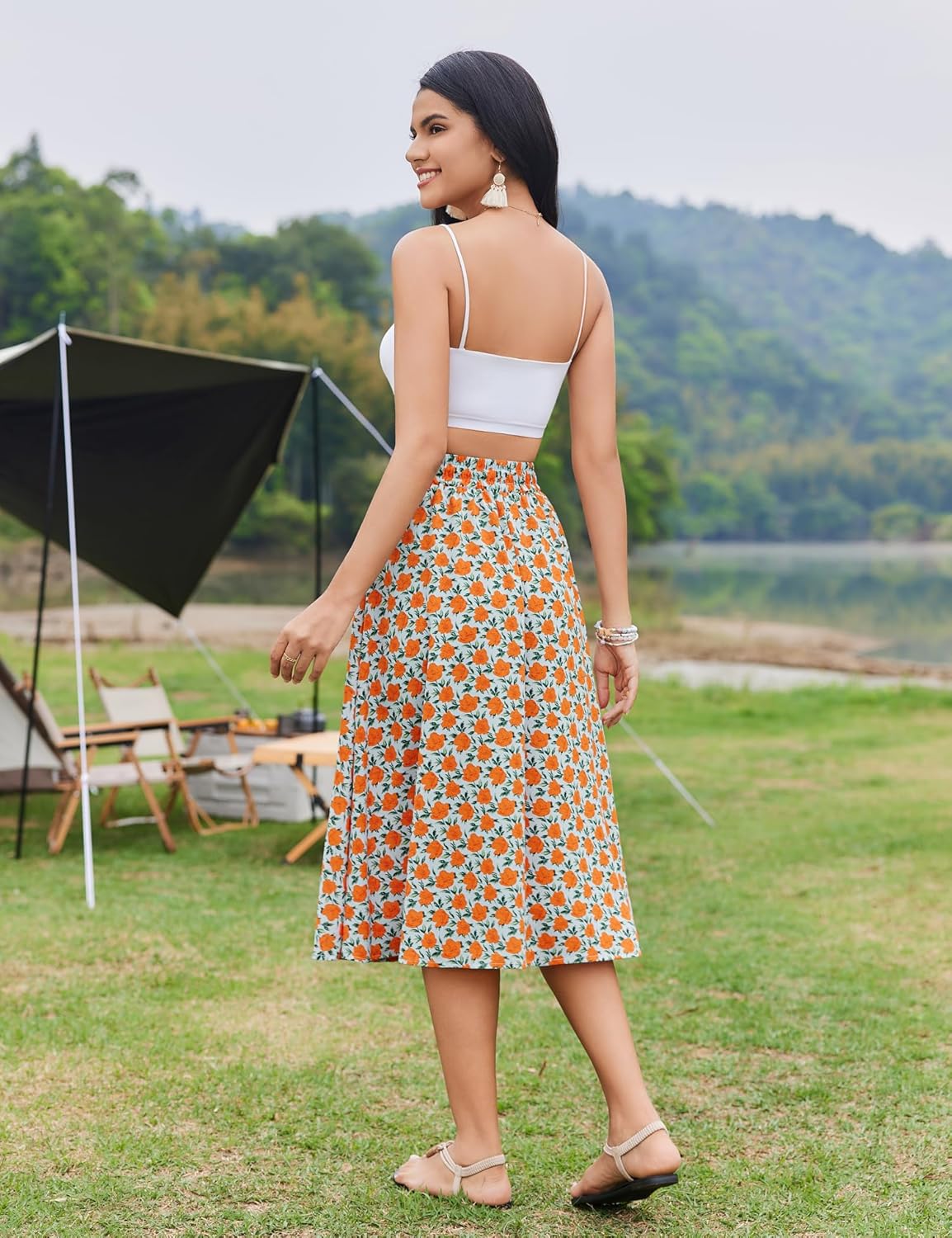 Women Floral Print Midi Skirt Summer Beach Pleated Elastic High Waisted A Line Skirt