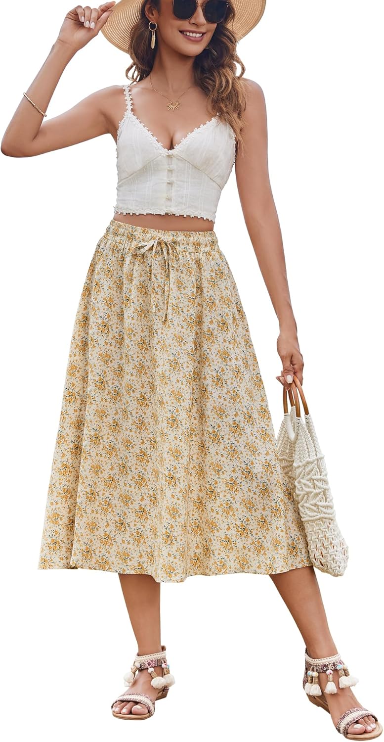 Women Floral Print Midi Skirt Summer Beach Pleated Elastic High Waisted A Line Skirt