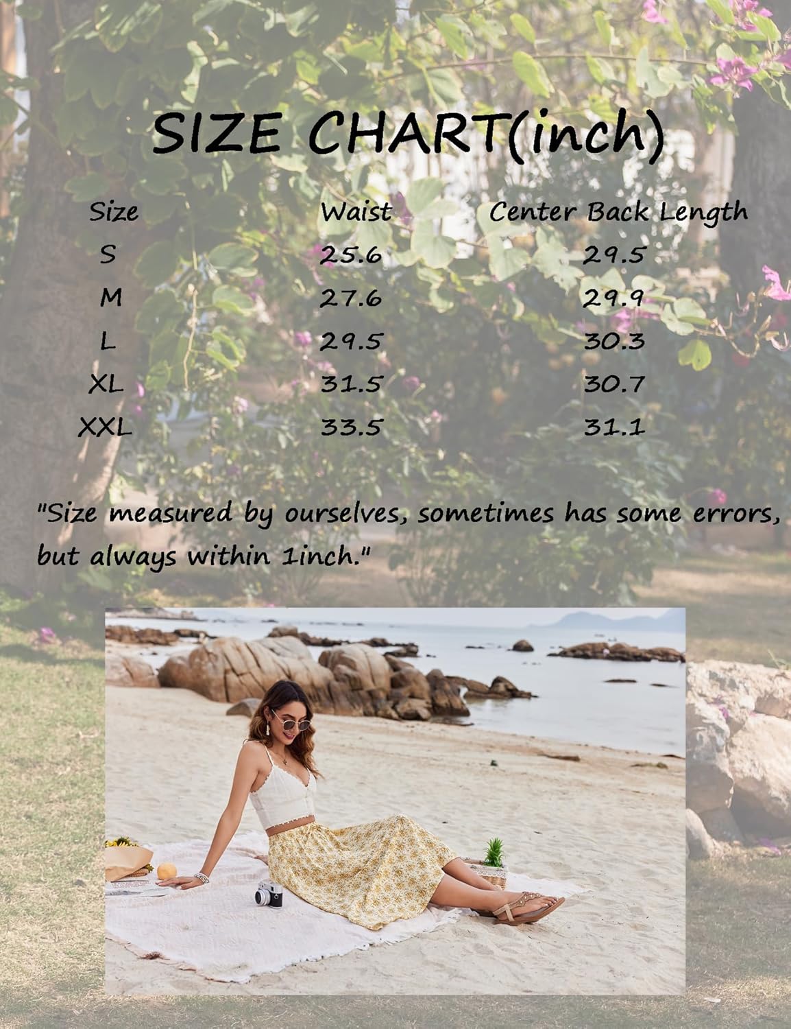Women Floral Print Midi Skirt Summer Beach Pleated Elastic High Waisted A Line Skirt