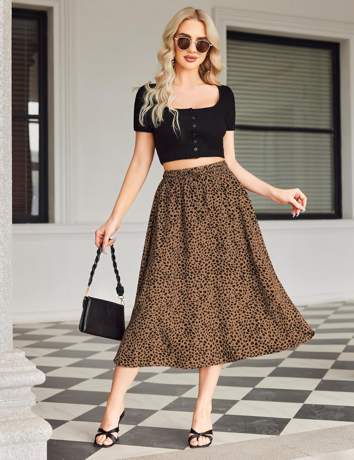 Women Floral Print Midi Skirt Summer Beach Pleated Elastic High Waisted A Line Skirt