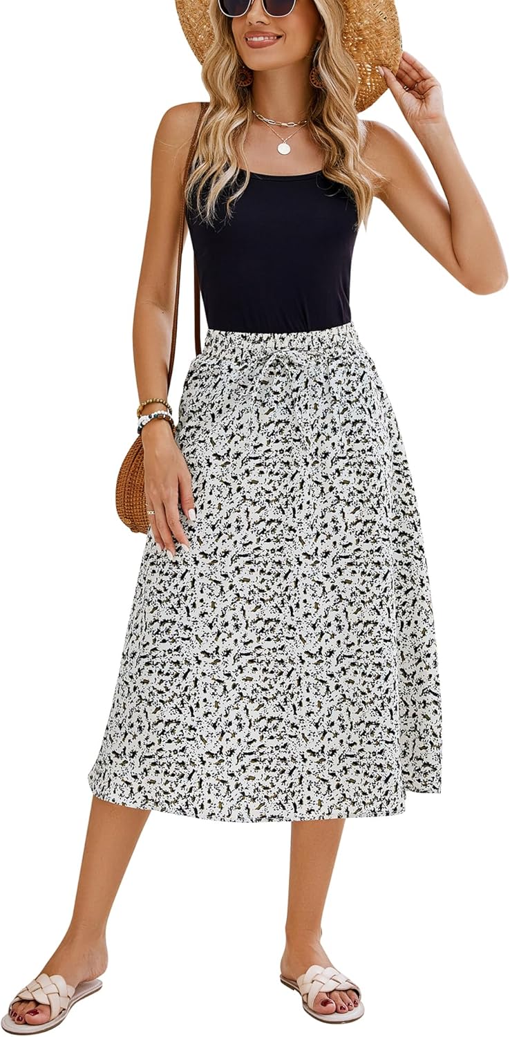 Women Floral Print Midi Skirt Summer Beach Pleated Elastic High Waisted A Line Skirt