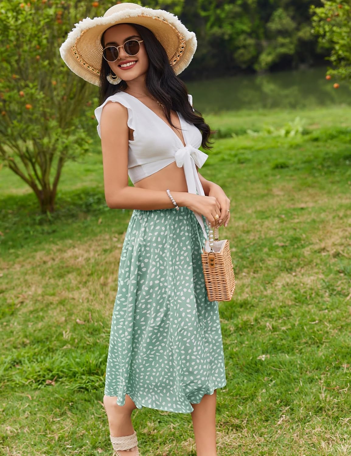 Women Floral Print Midi Skirt Summer Beach Pleated Elastic High Waisted A Line Skirt