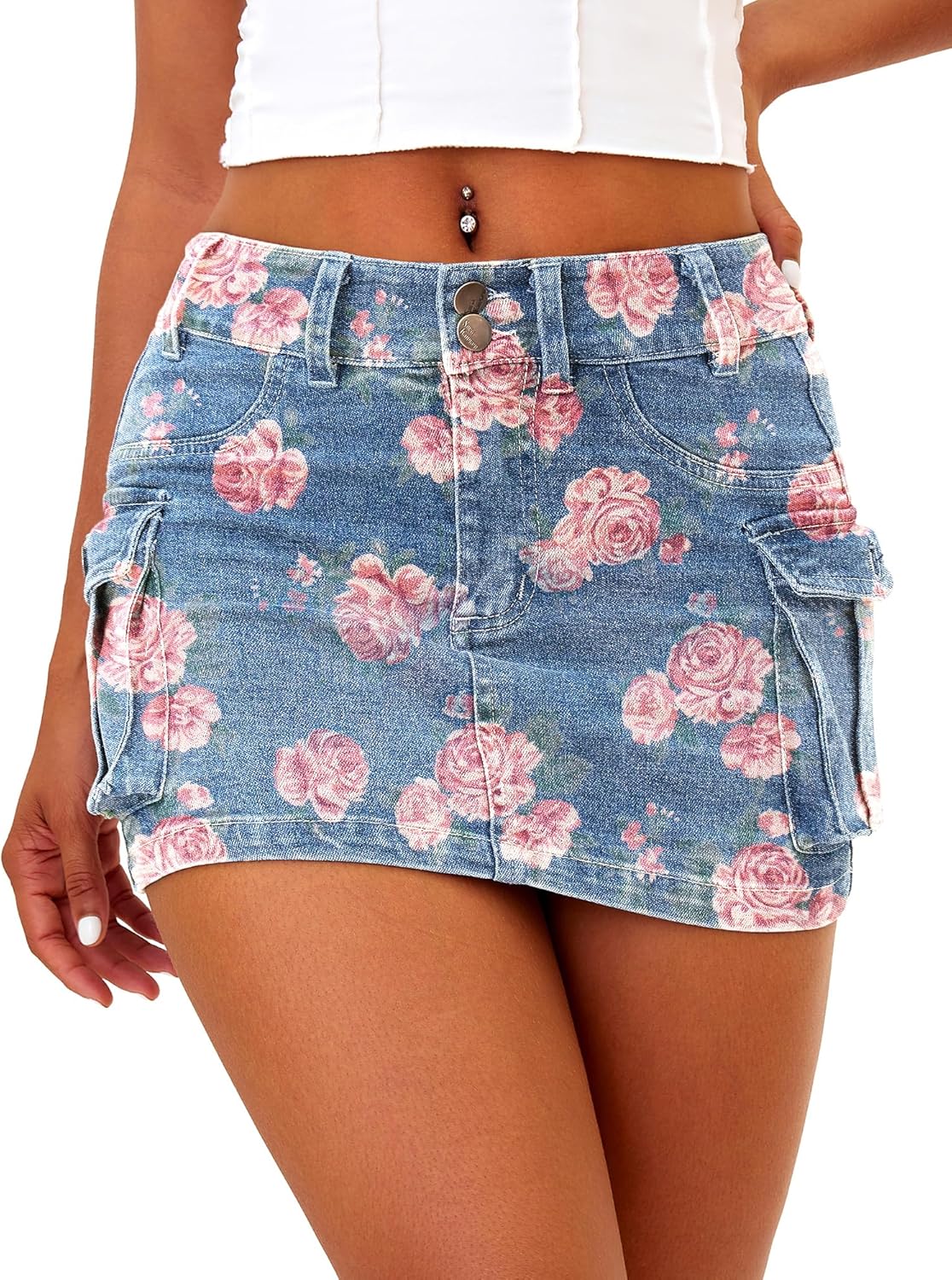 High Stretchy Cargo Skirt for Women, Low Waist Mini Skirt Cute Denim Skirt with Pockets