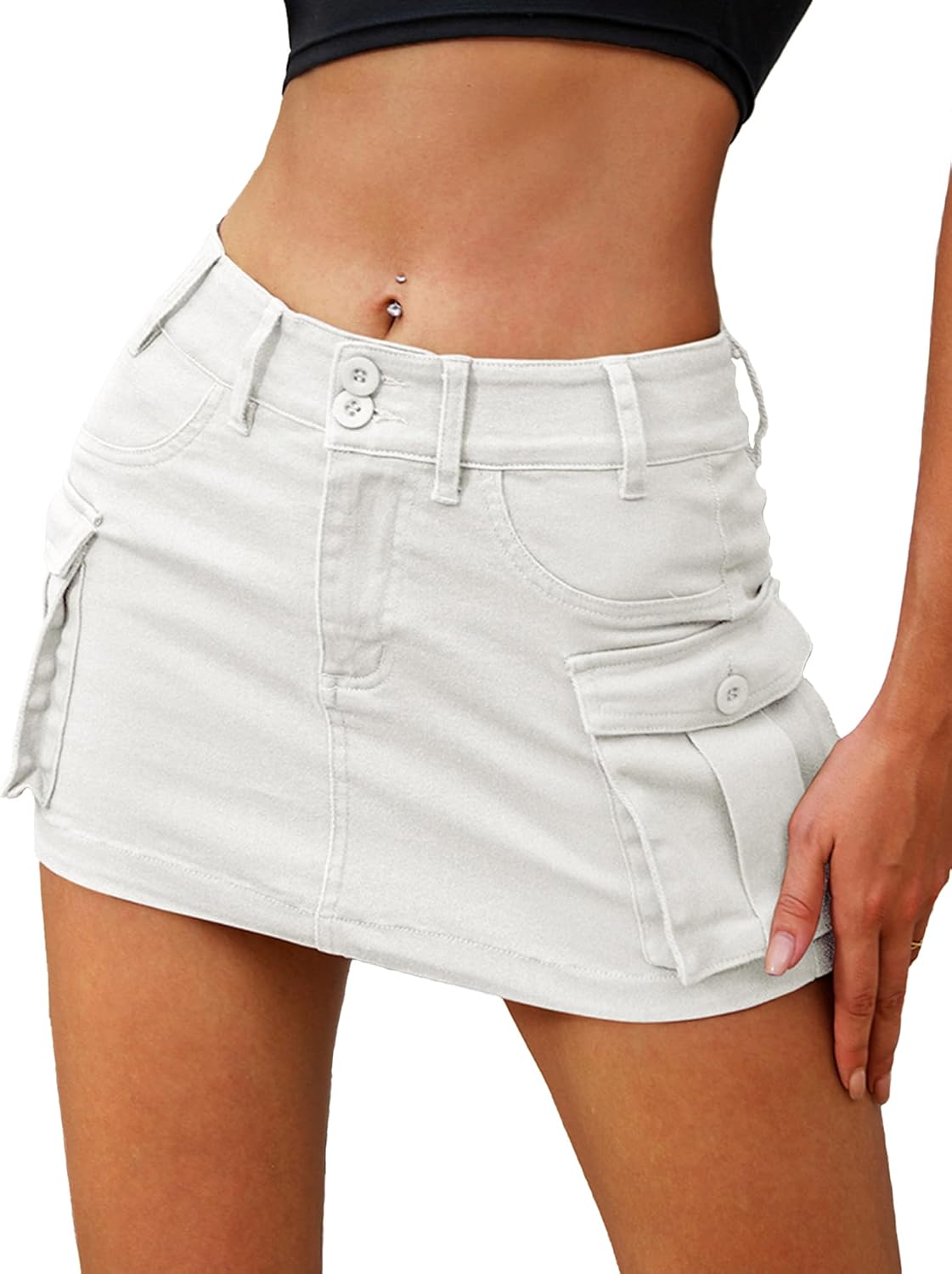 High Stretchy Cargo Skirt for Women, Low Waist  Mini Skirt Cute Denim Skirt with Pockets