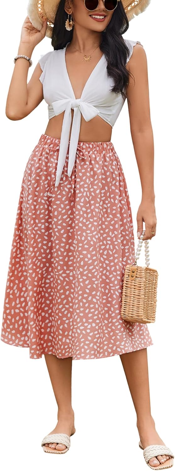 Women Floral Print Midi Skirt Summer Beach Pleated Elastic High Waisted A Line Skirt