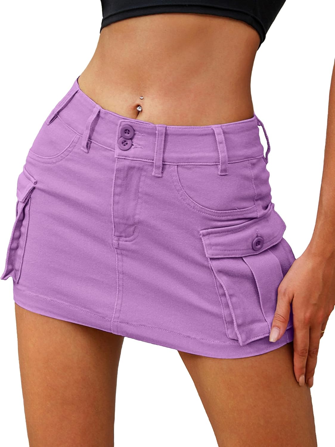 High Stretchy Cargo Skirt for Women, Low Waist  Mini Skirt Cute Denim Skirt with Pockets