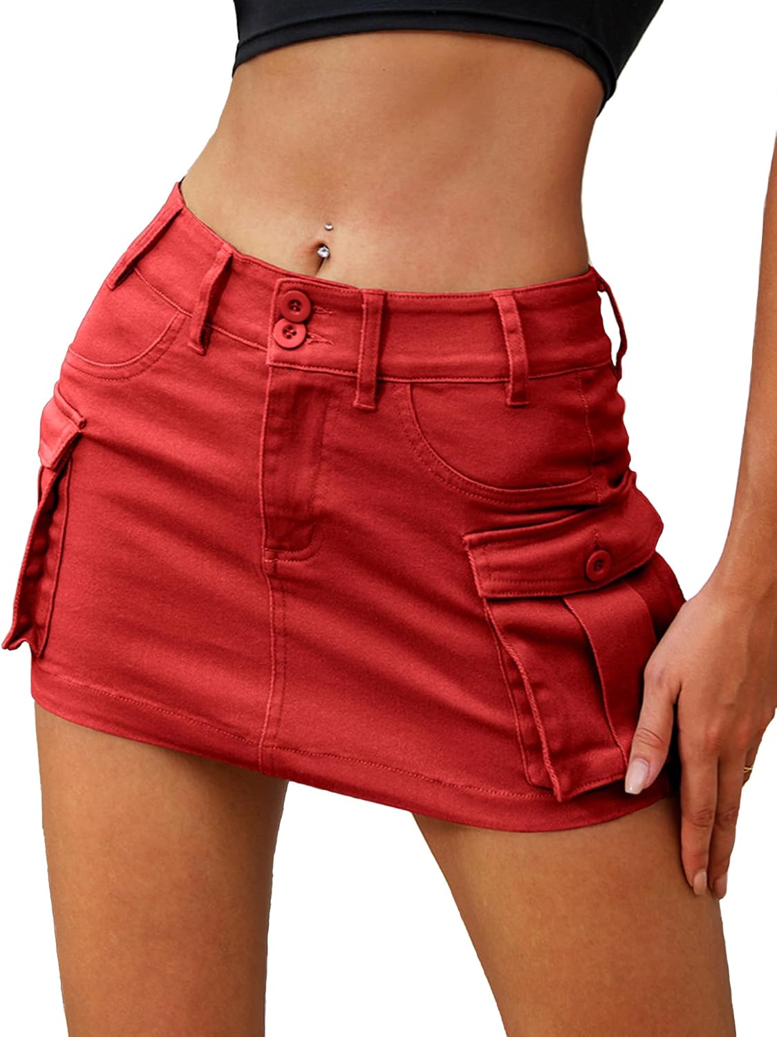 High Stretchy Cargo Skirt for Women, Low Waist  Mini Skirt Cute Denim Skirt with Pockets