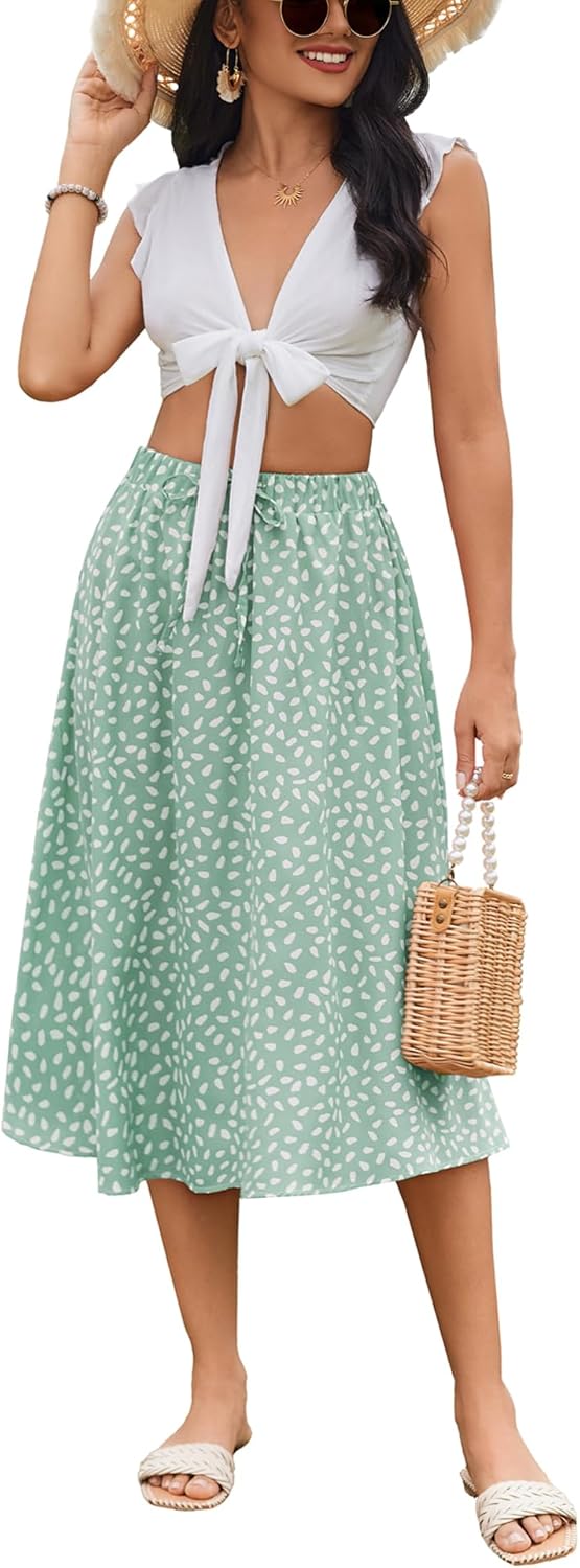 Women Floral Print Midi Skirt Summer Beach Pleated Elastic High Waisted A Line Skirt