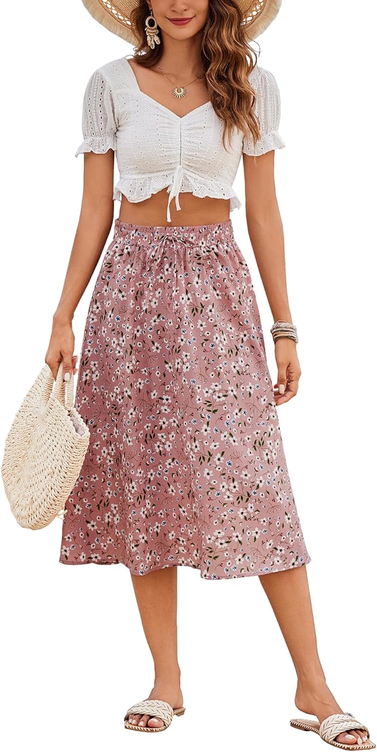 Women Floral Print Midi Skirt Summer Beach Pleated Elastic High Waisted A Line Skirt