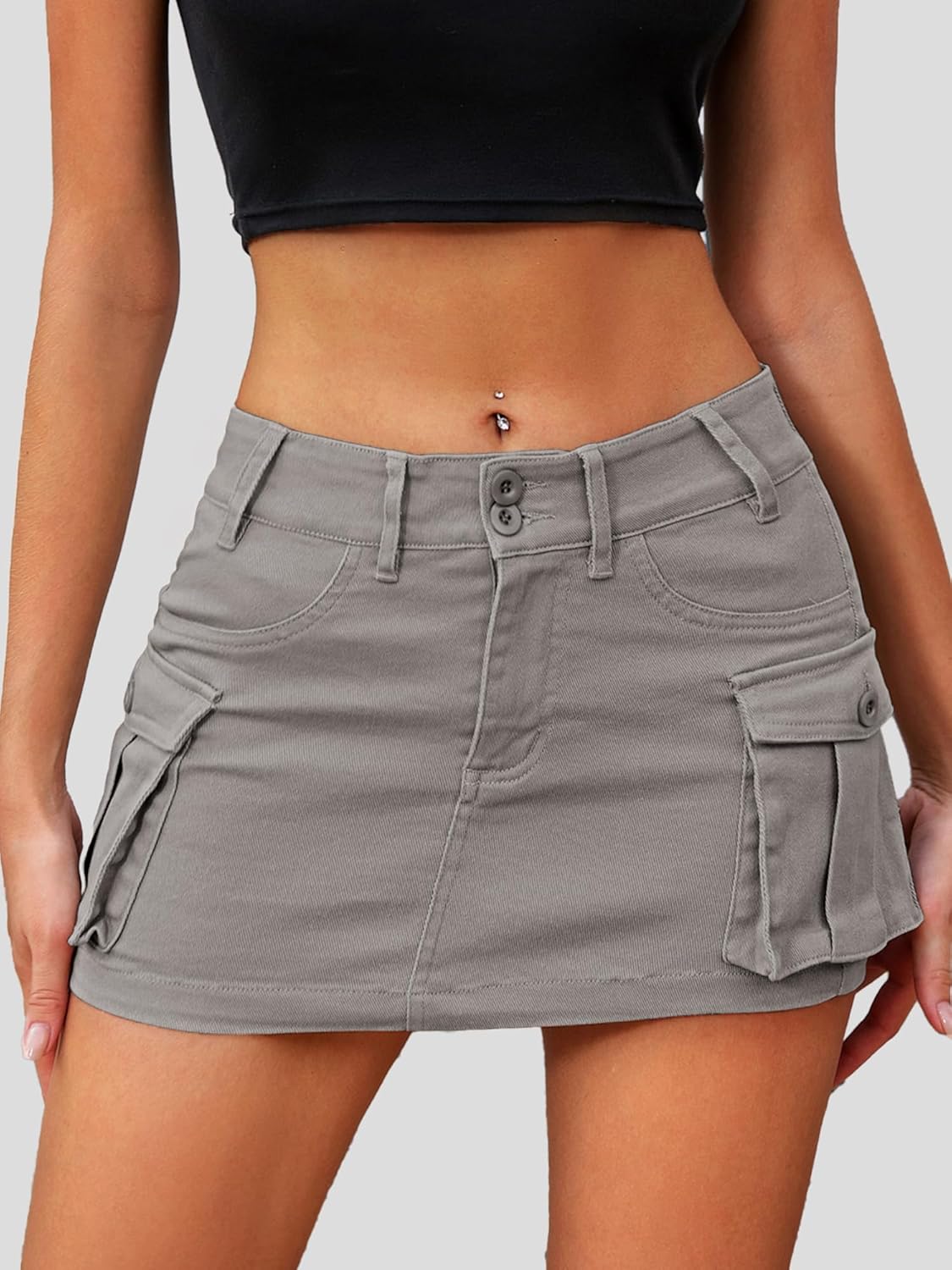 High Stretchy Cargo Skirt for Women, Low Waist  Mini Skirt Cute Denim Skirt with Pockets