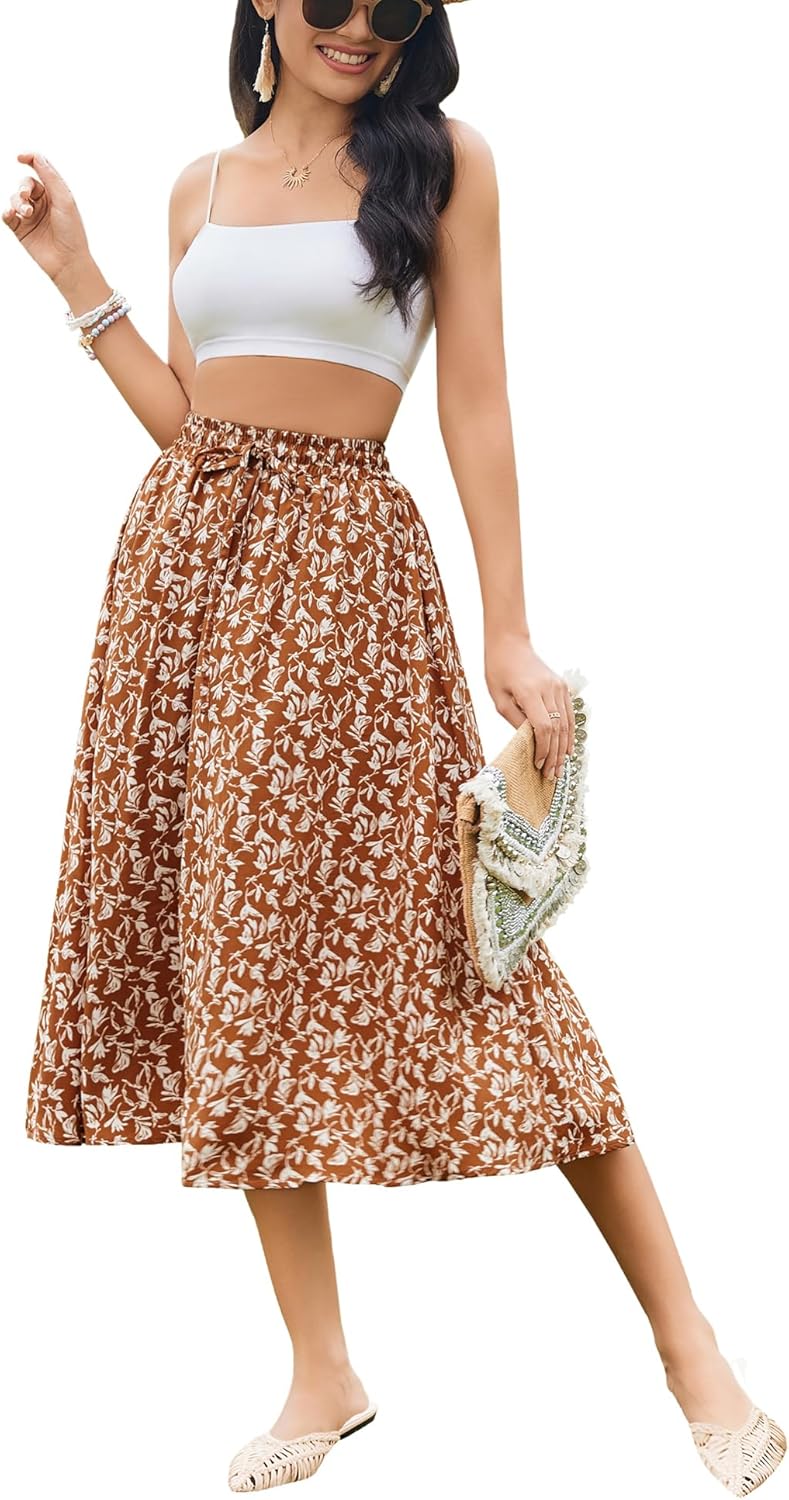 Women Floral Print Midi Skirt Summer Beach Pleated Elastic High Waisted A Line Skirt