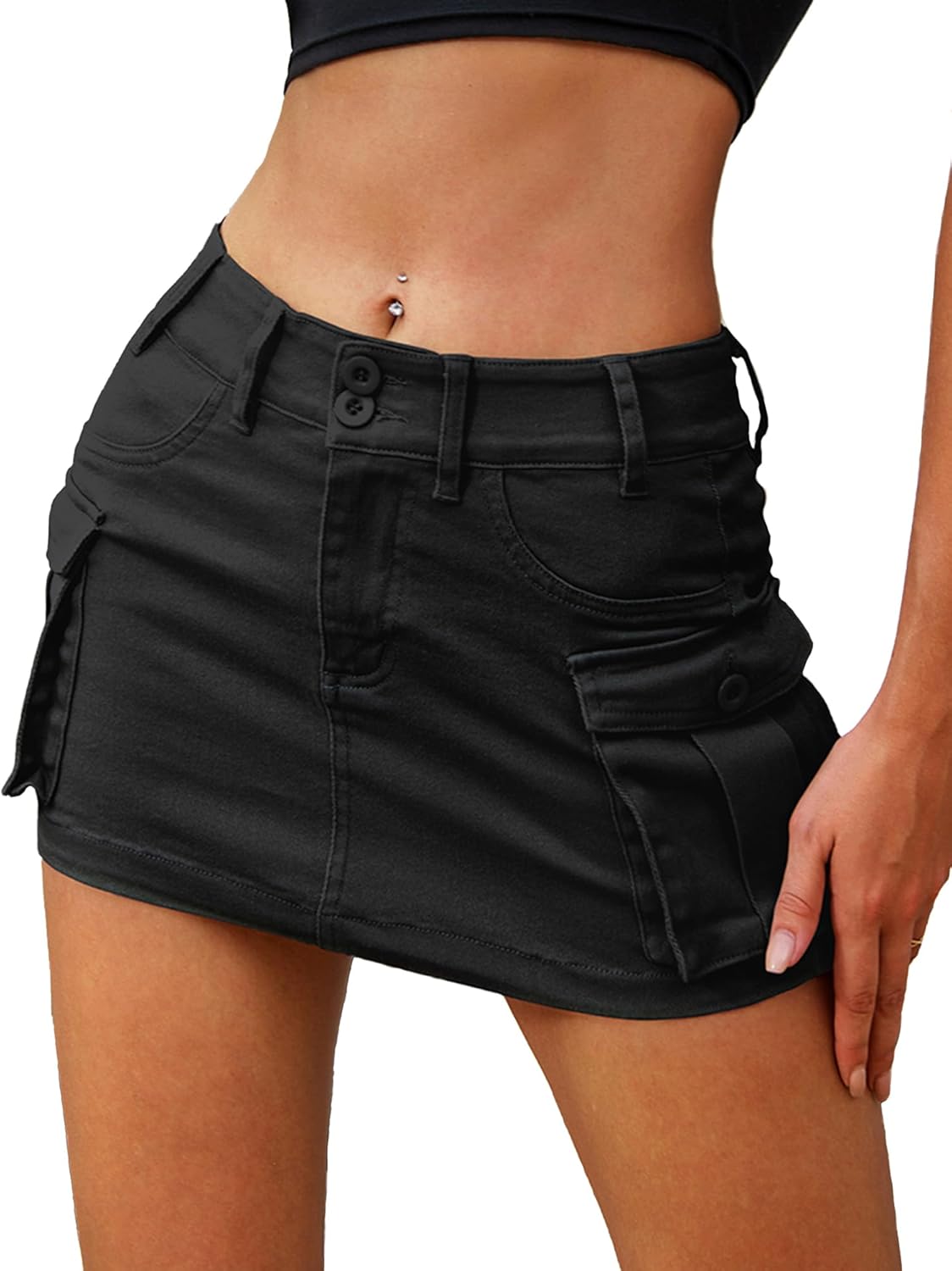 High Stretchy Cargo Skirt for Women, Low Waist  Mini Skirt Cute Denim Skirt with Pockets