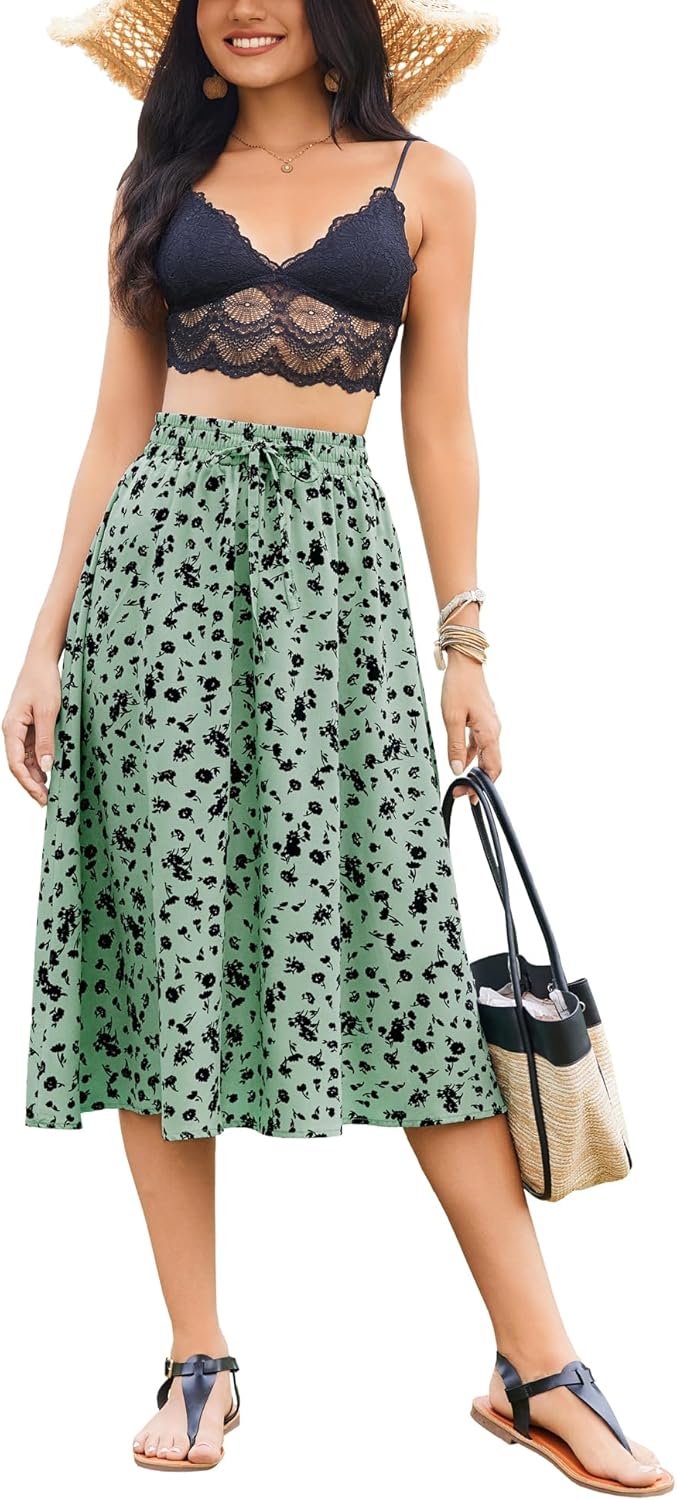Women Floral Print Midi Skirt Summer Beach Pleated Elastic High Waisted A Line Skirt
