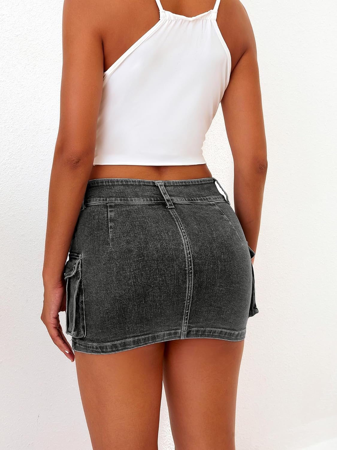 High Stretchy Cargo Skirt for Women, Low Waist  Mini Skirt Cute Denim Skirt with Pockets