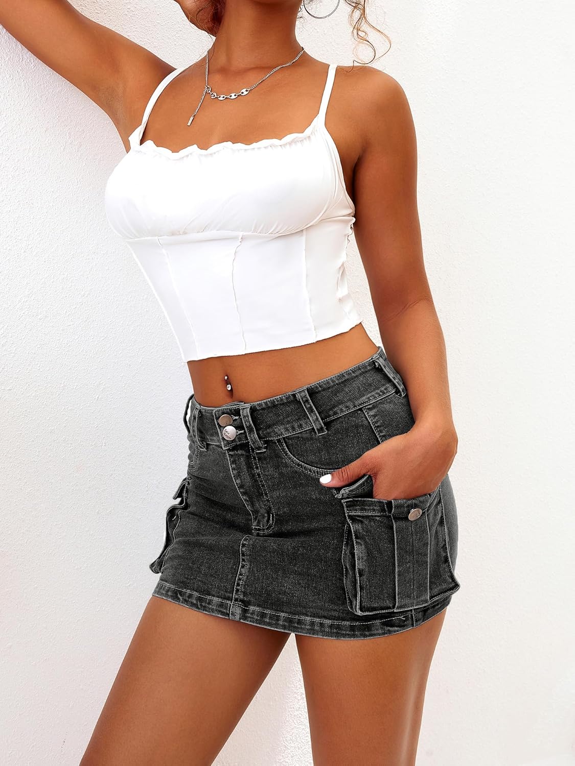 High Stretchy Cargo Skirt for Women, Low Waist  Mini Skirt Cute Denim Skirt with Pockets