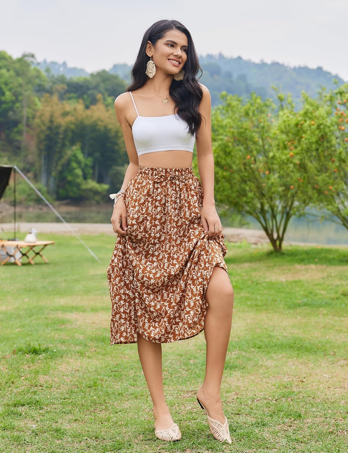 Women Floral Print Midi Skirt Summer Beach Pleated Elastic High Waisted A Line Skirt