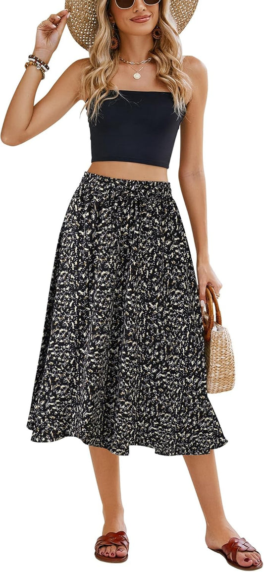 Women Floral Print Midi Skirt Summer Beach Pleated Elastic High Waisted A Line Skirt