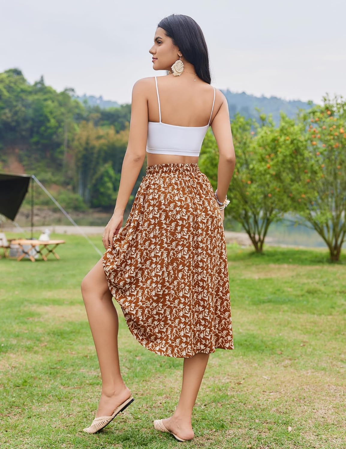 Women Floral Print Midi Skirt Summer Beach Pleated Elastic High Waisted A Line Skirt