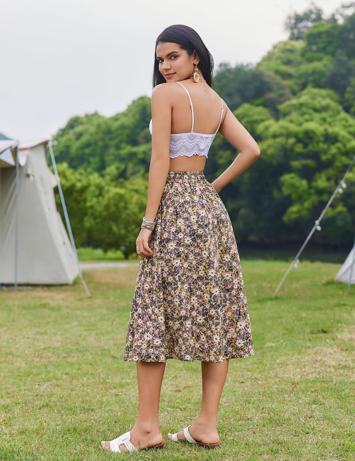 Women Floral Print Midi Skirt Summer Beach Pleated Elastic High Waisted A Line Skirt