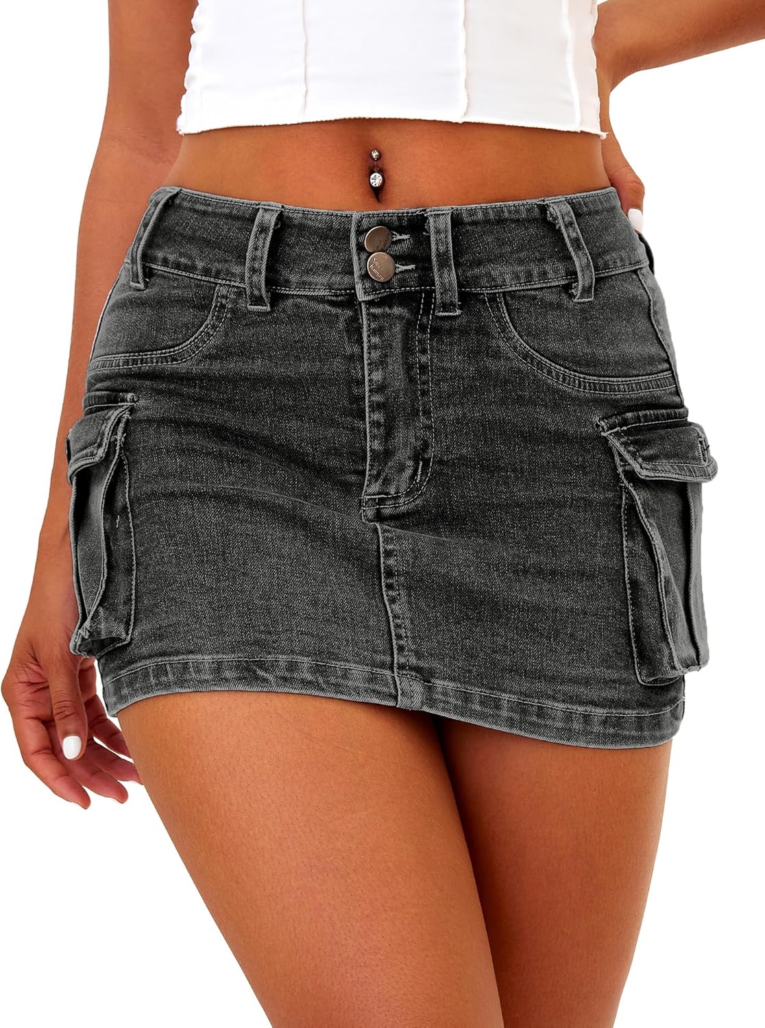 High Stretchy Cargo Skirt for Women, Low Waist  Mini Skirt Cute Denim Skirt with Pockets