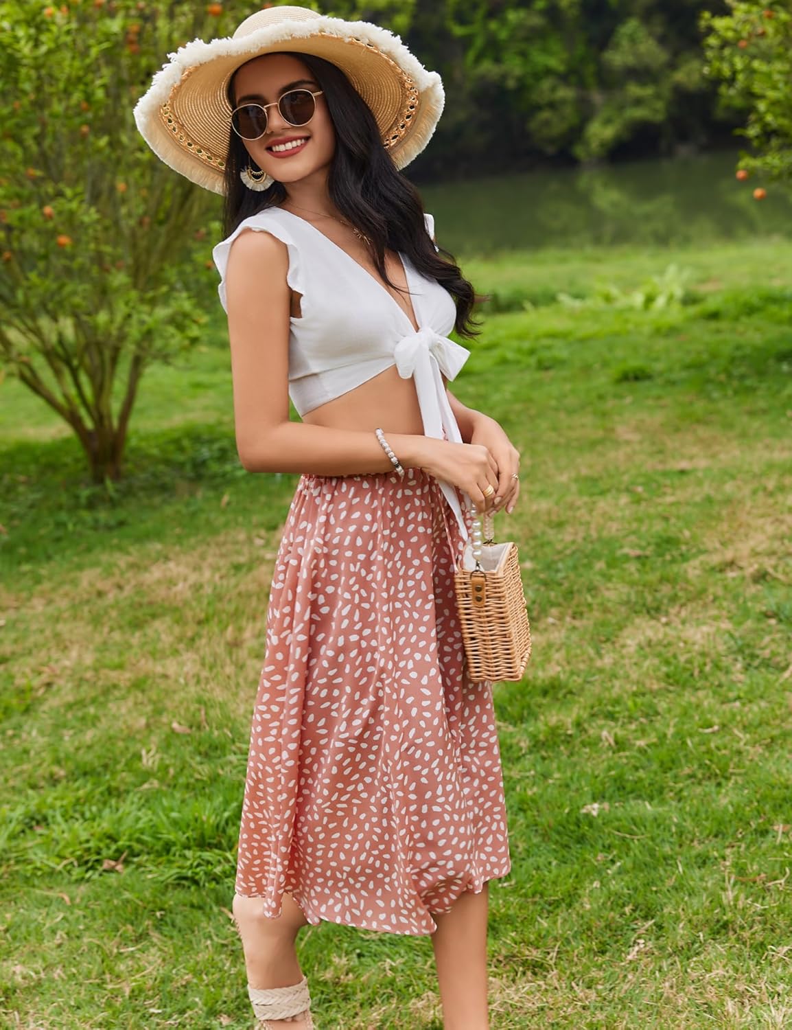 Women Floral Print Midi Skirt Summer Beach Pleated Elastic High Waisted A Line Skirt