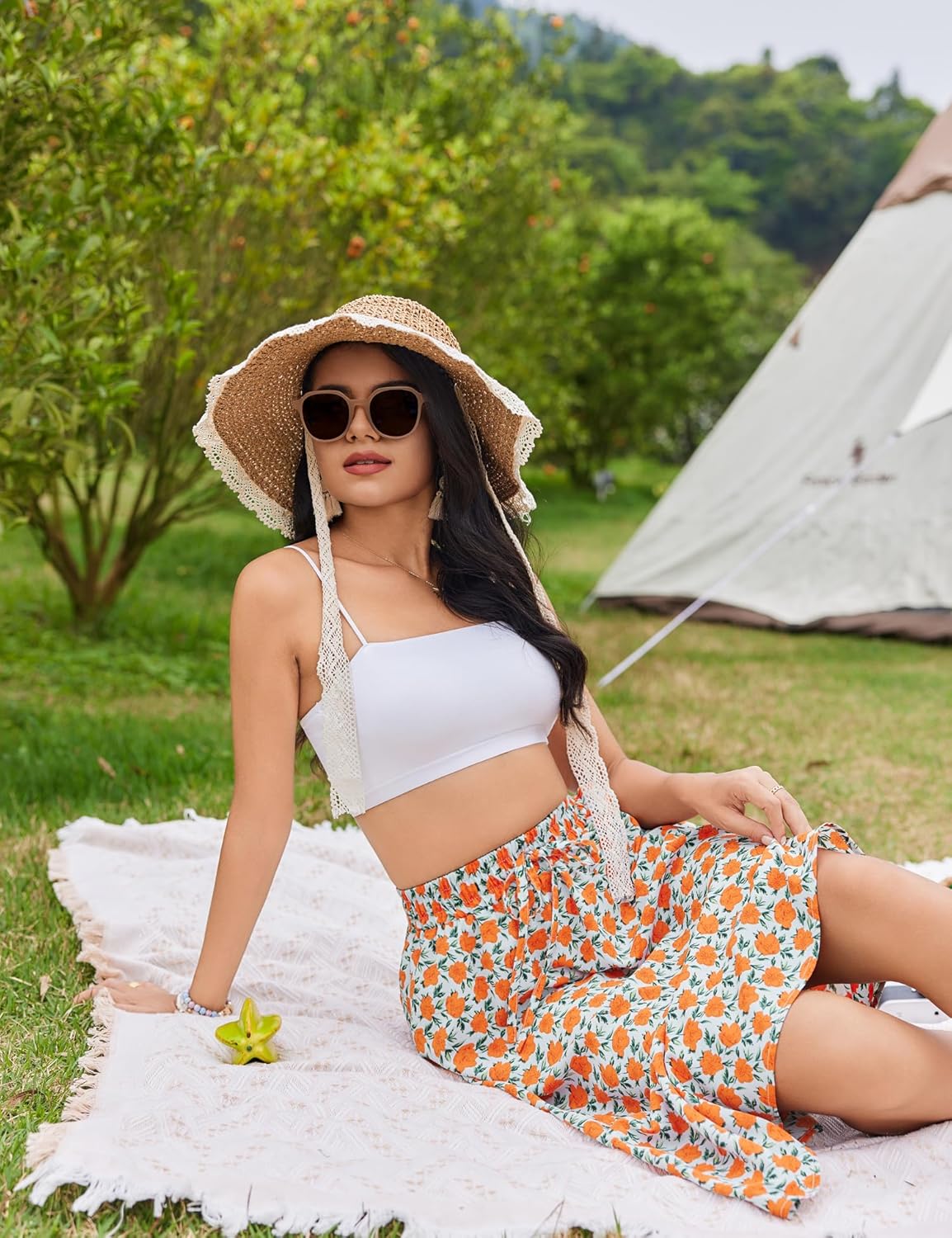 Women Floral Print Midi Skirt Summer Beach Pleated Elastic High Waisted A Line Skirt