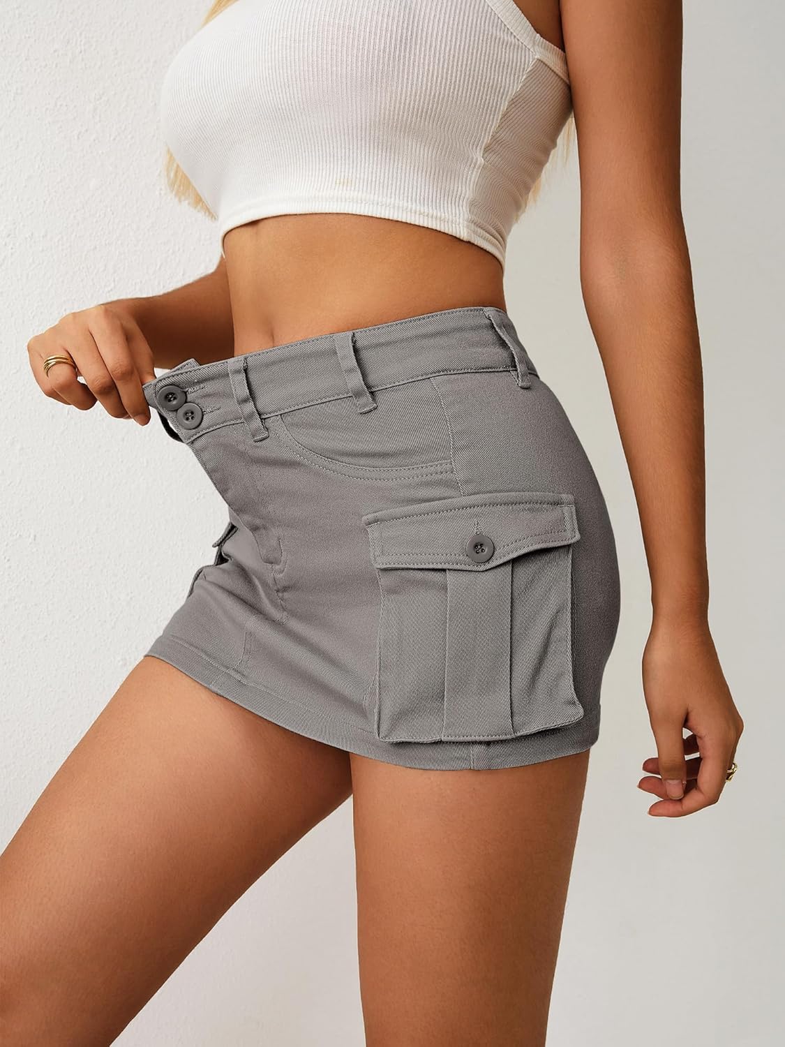 High Stretchy Cargo Skirt for Women, Low Waist  Mini Skirt Cute Denim Skirt with Pockets