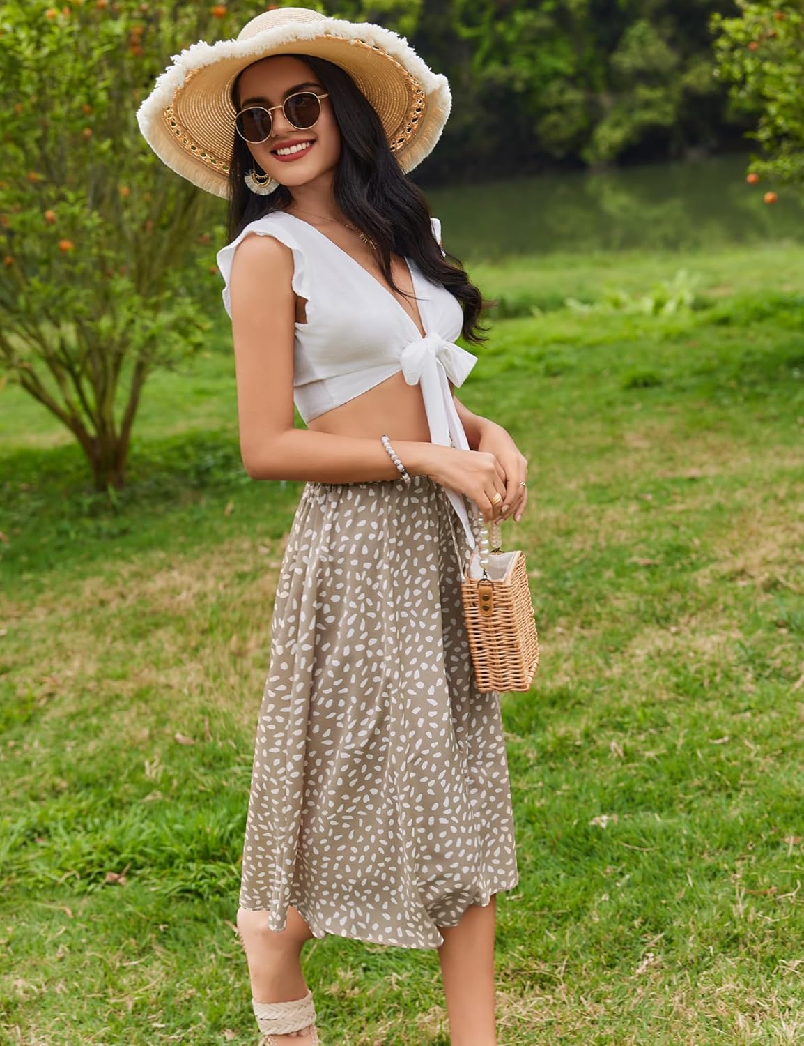 Women Floral Print Midi Skirt Summer Beach Pleated Elastic High Waisted A Line Skirt