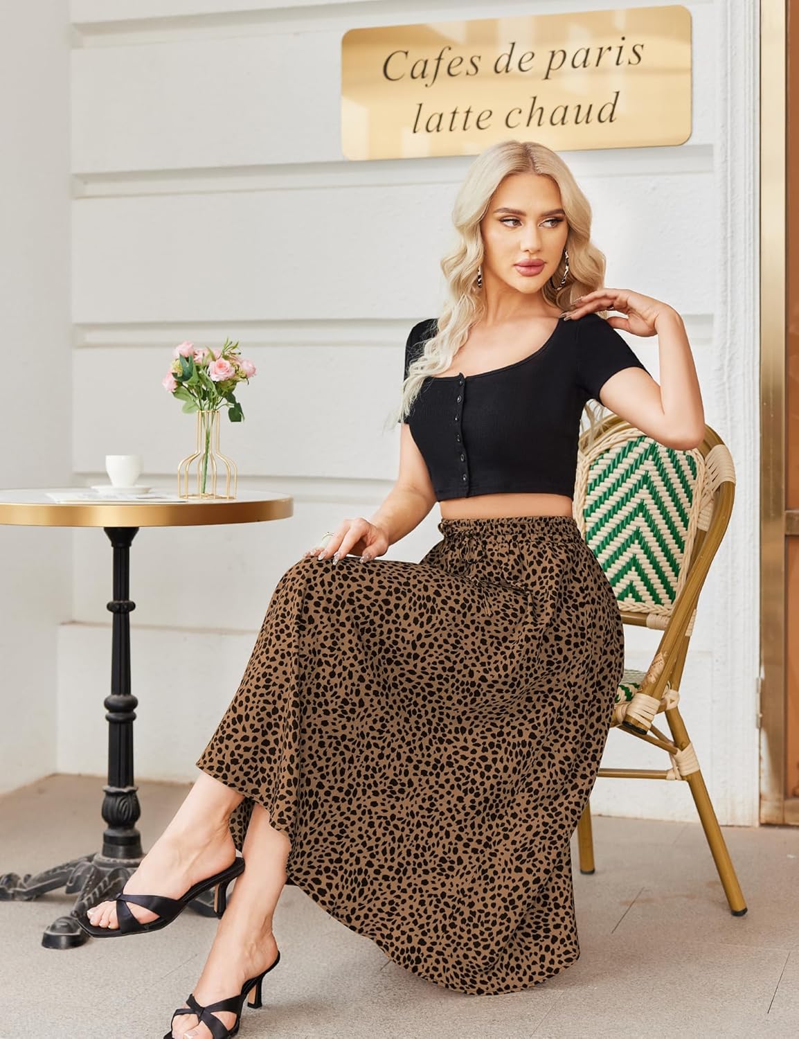 Women Floral Print Midi Skirt Summer Beach Pleated Elastic High Waisted A Line Skirt
